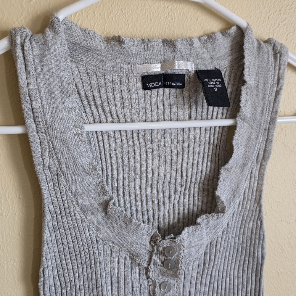 Moda International Feather Weight Ribs Gray Ribbed Henley Tank with Ruffle Trim - Picture 3 of 8